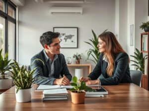 Casal diverso de meia-idade consultando advogado em um escritório moderno sobre compra e venda de imóveis.