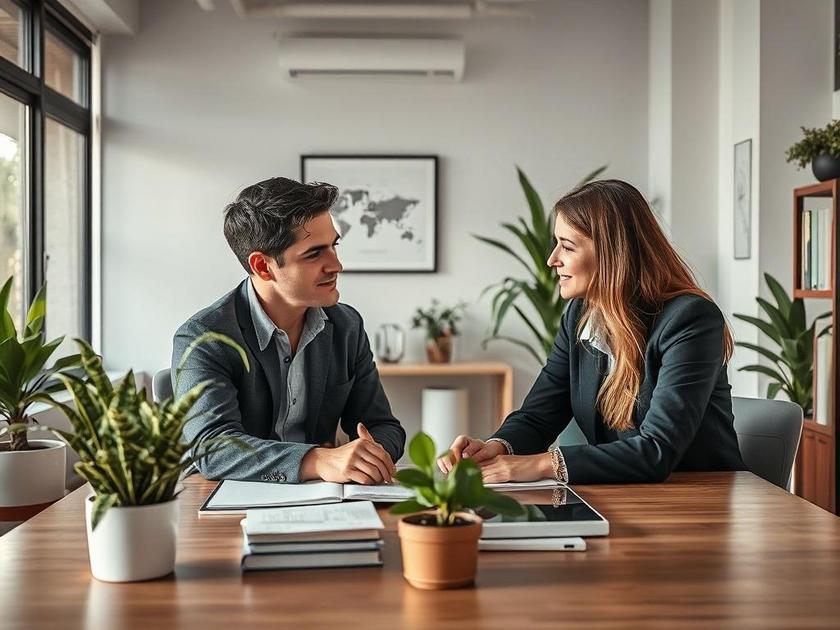 Casal diverso de meia-idade consultando advogado em um escritório moderno sobre compra e venda de imóveis.