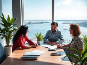 Família multicultural consultando corretor de imóveis em escritório moderno e amplo com vista para lagoa em São Pedro da Aldeia,RJ.