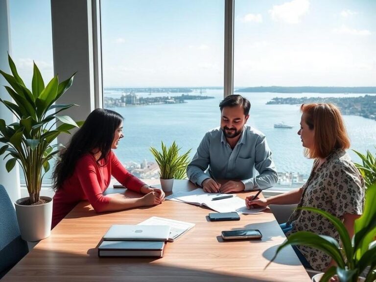Família multicultural consultando corretor de imóveis em escritório moderno e amplo com vista para lagoa em São Pedro da Aldeia,RJ.