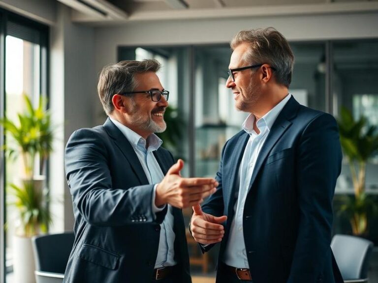 Agente imobiliário orientando casal diverso em escritório moderno durante consulta de compra de imóvel.