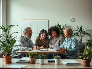 Família diversa revisando documentos de compra de imóvel com corretor em ambiente de escritório