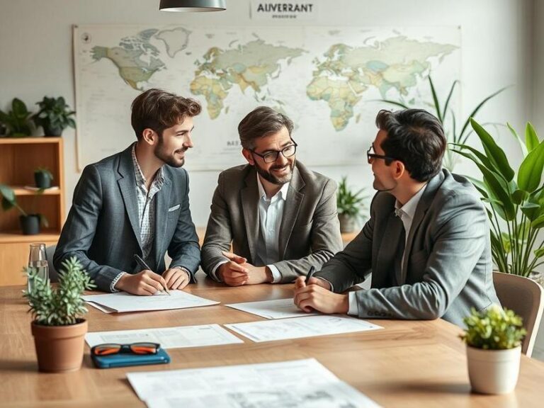 Casal jovem pesquisando imóveis com advogado em mesa de reunião em escritório aconchegante.