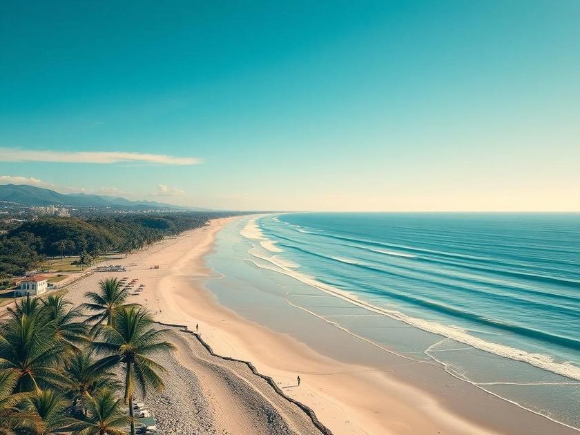 Casal diversificado avaliando imóvel à beira-mar em São Pedro da Aldeia, sob céu azul e palmeiras visíveis.