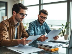 Casal diverso de jovens adultos avaliando documentos de compra de imóvel em um escritório moderno com vista para o mar.