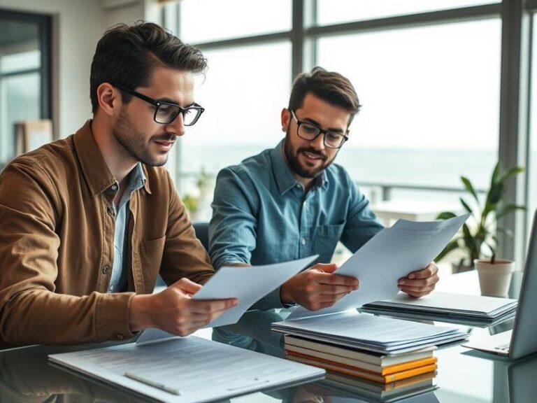 Casal diverso de jovens adultos avaliando documentos de compra de imóvel em um escritório moderno com vista para o mar.