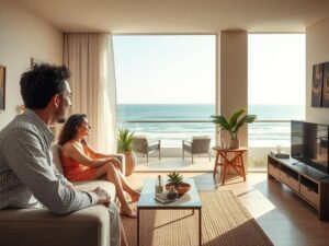 Casal multicultural visitando imóvel à venda com vista para a praia, transmitindo entusiasmo e confiança.