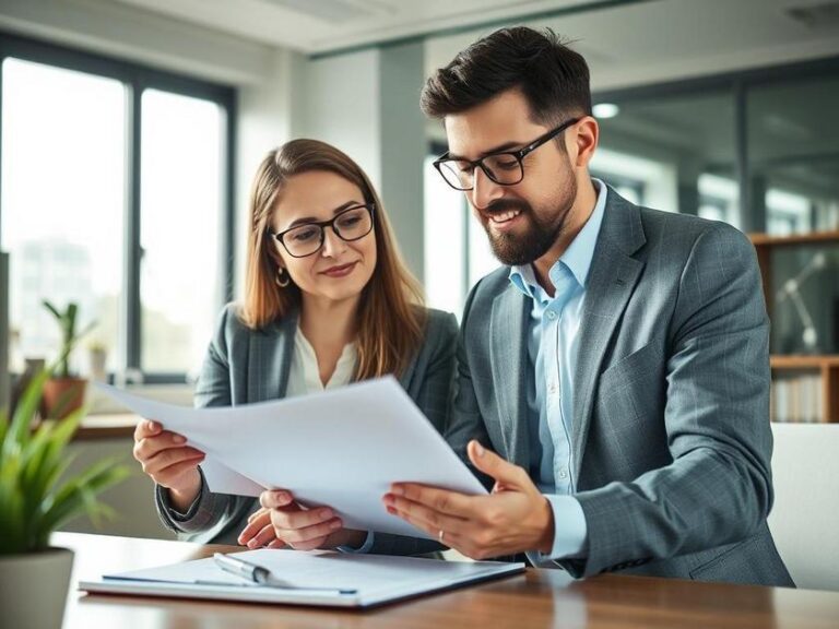 Casal diversificado revisando documentos com consultor em escritório moderno durante compra de imóvel em São Pedro da Aldeia.