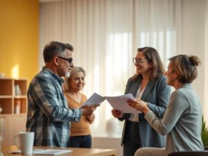 Família multigeracional em escritório de vendas analisando opções de imóveis em São Pedro da Aldeia.