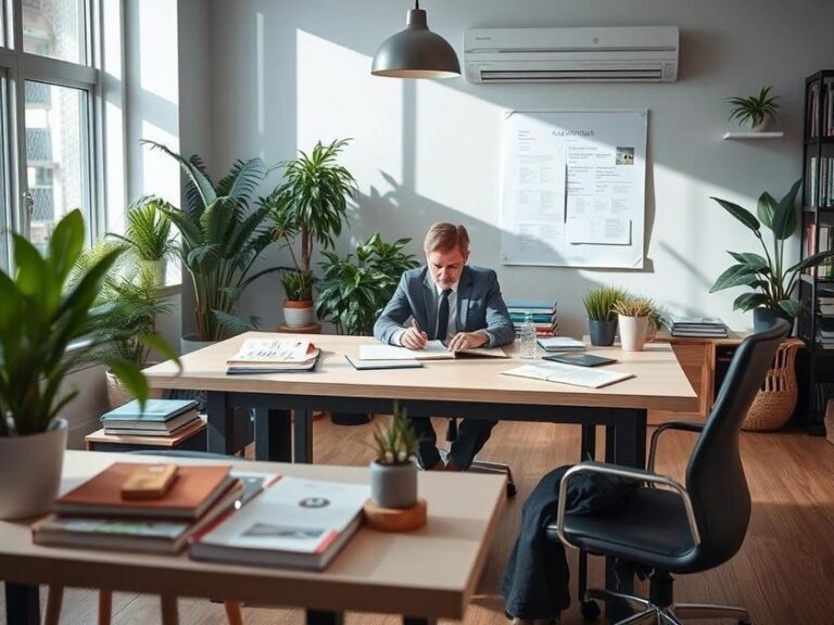 Investidora diversificada e advogado discutindo documentos de compra de imóvel em ambiente de escritório moderno.