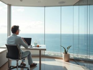 Casal diversificado discutindo opções de investimento imobiliário em escritório moderno com vista para o mar.