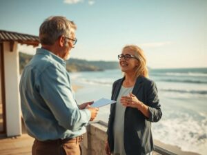 Consultor imobiliário apresentando opções de investimento a casal diverso em São Pedro da Aldeia, com paisagem de praia ao fundo.
