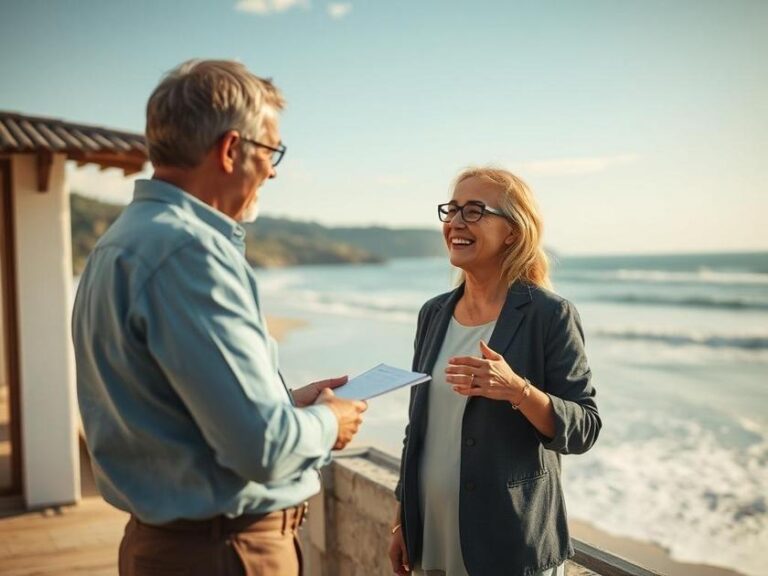 Consultor imobiliário apresentando opções de investimento a casal diverso em São Pedro da Aldeia, com paisagem de praia ao fundo.
