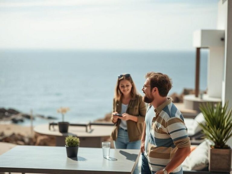 Casal jovem entusiasmado analisando imóvel à venda em São Pedro da Aldeia, com vista para o mar.