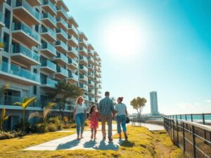 Família diversificada explorando imóvel em construção moderna em São Pedro da Aldeia, com vista para o mar ao pôr do sol.