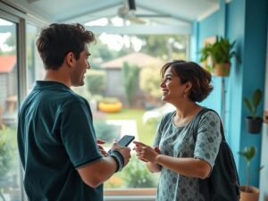 Jovem casal diverso explorando imóvel à venda em São Pedro da Aldeia, com detalhes modernos e jardim.