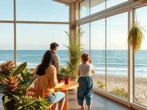 Família diversificada observando plantas de imóveis em sala de vendas com vista para a praia em São Pedro da Aldeia.
