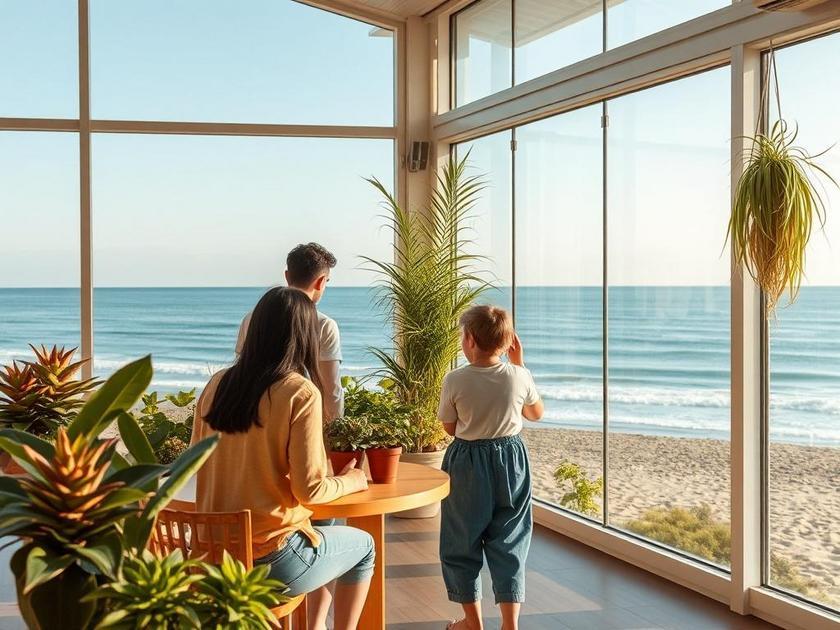 Família diversificada observando plantas de imóveis em sala de vendas com vista para a praia em São Pedro da Aldeia.