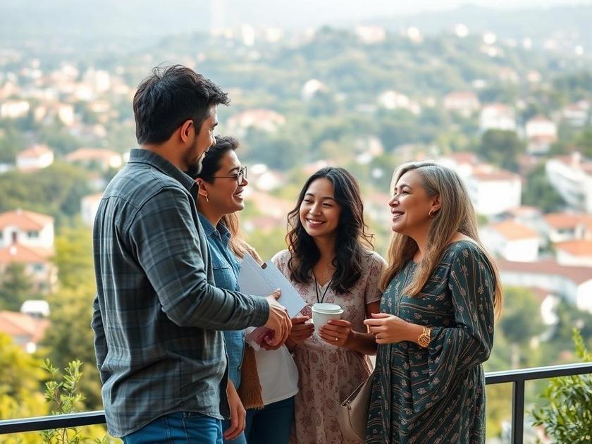 Família diversa discutindo sobre a compra de imóvel em São Pedro da Aldeia com vista para bairro tranquilo e natureza.