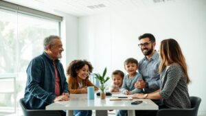 Família multicultural feliz em escritório de corretagem imobiliária planejando a compra de um imóvel em São Pedro da Aldeia.