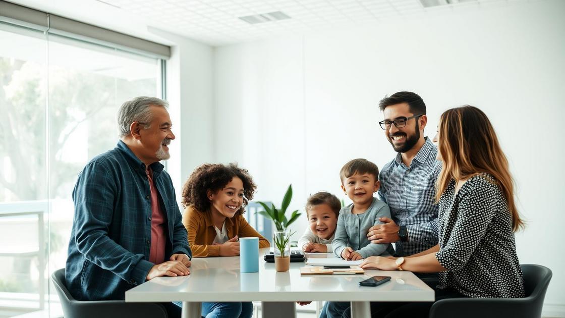Família multicultural feliz em escritório de corretagem imobiliária planejando a compra de um imóvel em São Pedro da Aldeia.