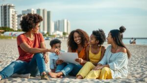 Família multicultural discutindo opções de imóveis à beira-mar em São Pedro da Aldeia, com vista do mar ao fundo.