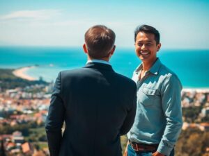 Consultor imobiliário apresentando opções a família diversa em São Pedro da Aldeia com vista para o mar.