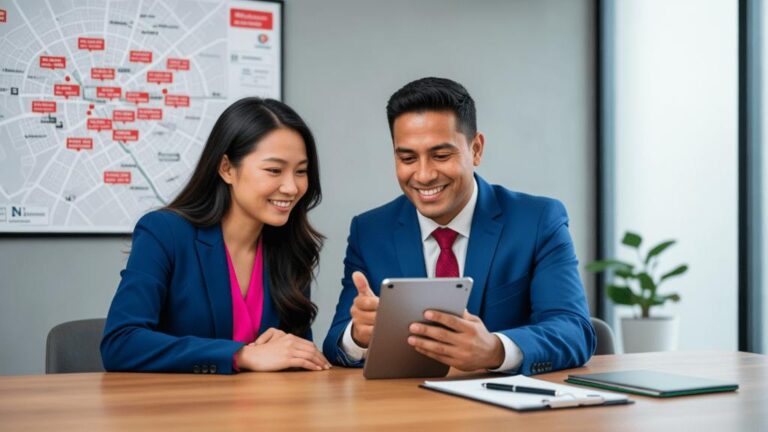 Casal multicultural consultando corretor de imóveis em escritório, planejando compra em São Pedro da Aldeia.