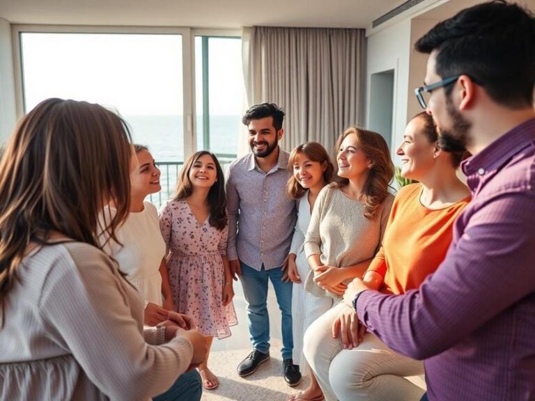 Família diversa visitando um imóvel mobiliado com vista para o mar em São Pedro da Aldeia.