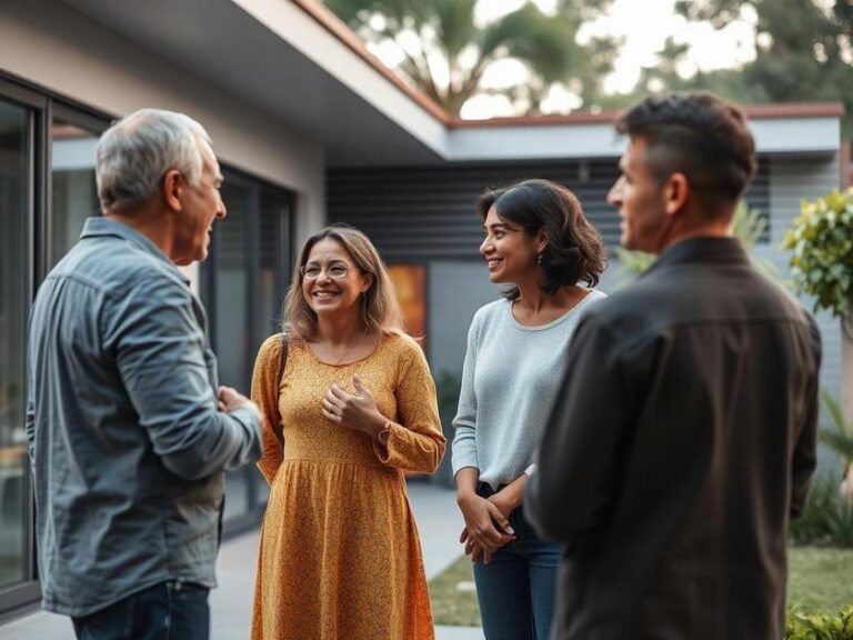 Família diversa realizando visita a imóvel moderno com jardim em São Pedro da Aldeia, refletindo oportunidades do mercado imobiliário.