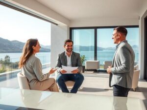 Casal diverso discutindo detalhes para compra de imóvel na área externa de uma casa com vista para lagoa em São Pedro da Aldeia.