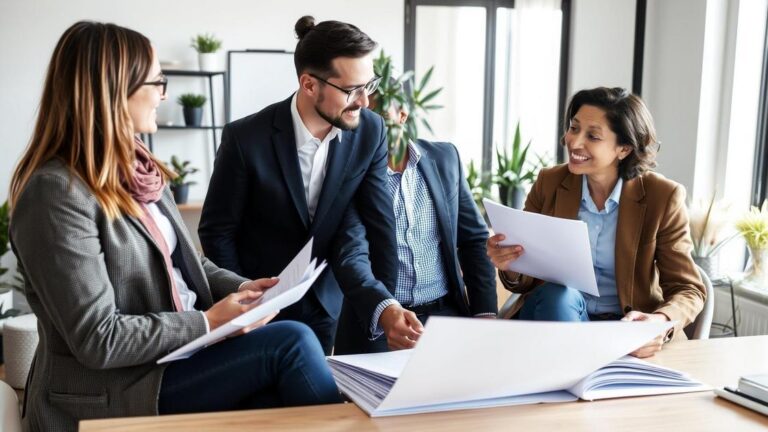 Investidores multicultural discutindo oportunidades no mercado imobiliário em São Pedro da Aldeia, em escritório moderno.