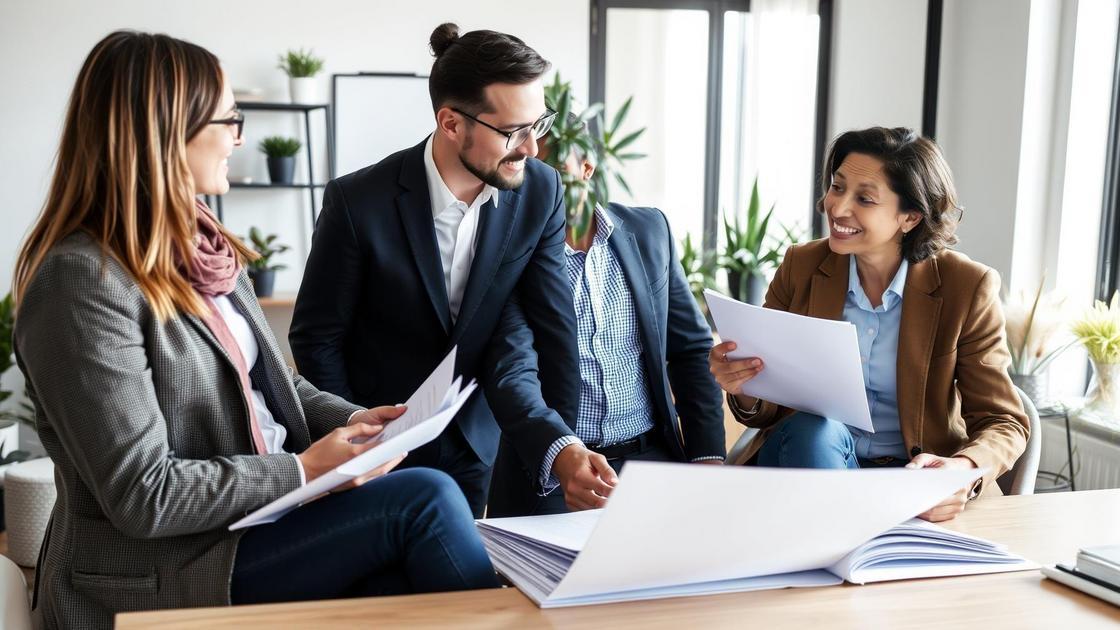 Investidores multicultural discutindo oportunidades no mercado imobiliário em São Pedro da Aldeia, em escritório moderno.