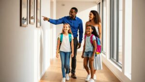 Família multicultural empolgada visitando imóvel à venda em São Pedro da Aldeia com vista para a praia.