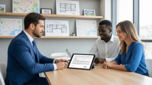 Advogado imobiliário conversando com casal diverso sobre compra de imóvel em escritório moderno com plantas e mapas.