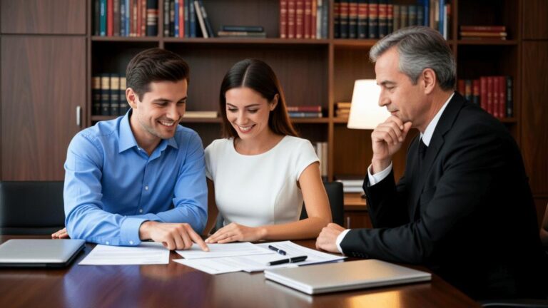 Casal diversificado consultando advogado sobre compra de imóvel em um escritório moderno.