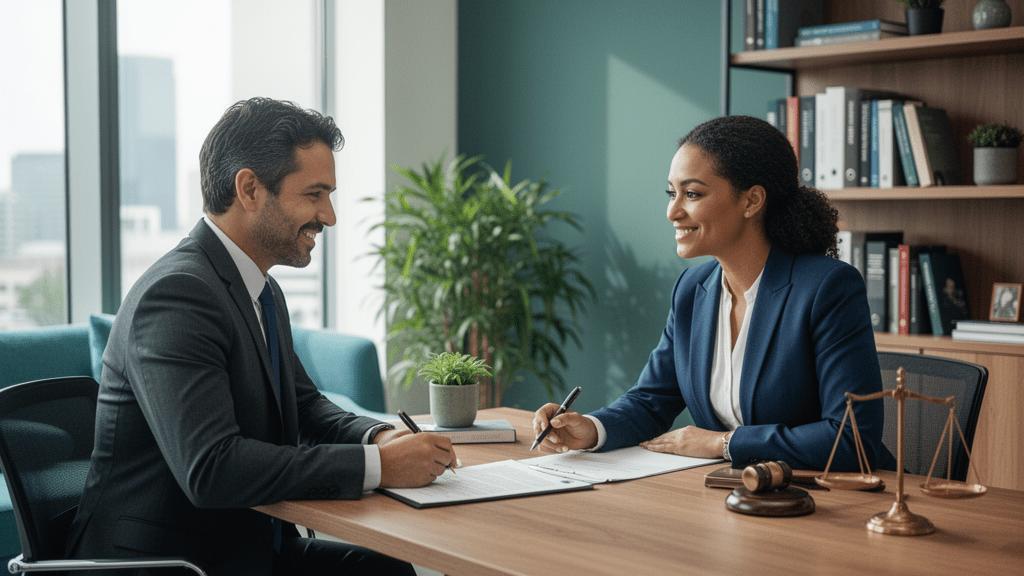 Cliente diverso consultando advogado sobre financiamento de imóvel em escritório moderno durante reunião.