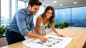 Casal jovem analisando plantas de imóveis em escritório de vendas em São Pedro da Aldeia.