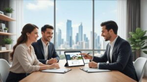 Casal em conversa com corretor de imóveis em escritório moderno, durante compra de imóvel em São Pedro da Aldeia.