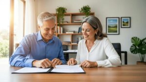 Casal maduro e corretor de imóveis revisando contratos em escritório imobiliário com prateleiras.