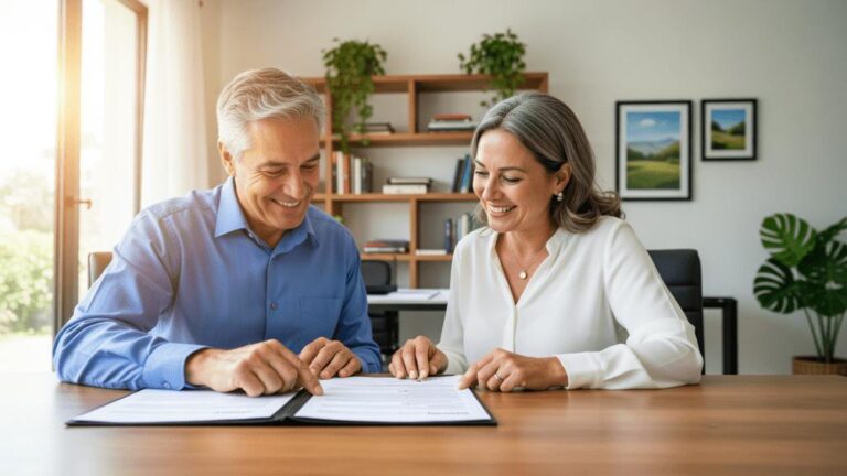 Casal maduro e corretor de imóveis revisando contratos em escritório imobiliário com prateleiras.