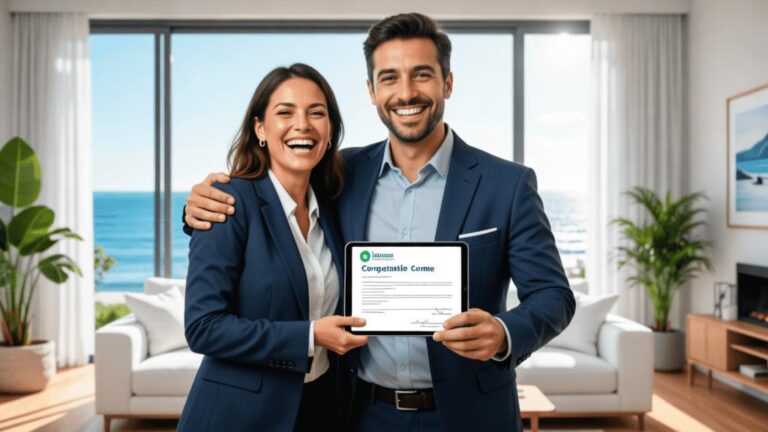 Cliente diverso e corretor de imóveis felizes em uma sala de estar moderna, vivendo a experiência de compra de imóvel.