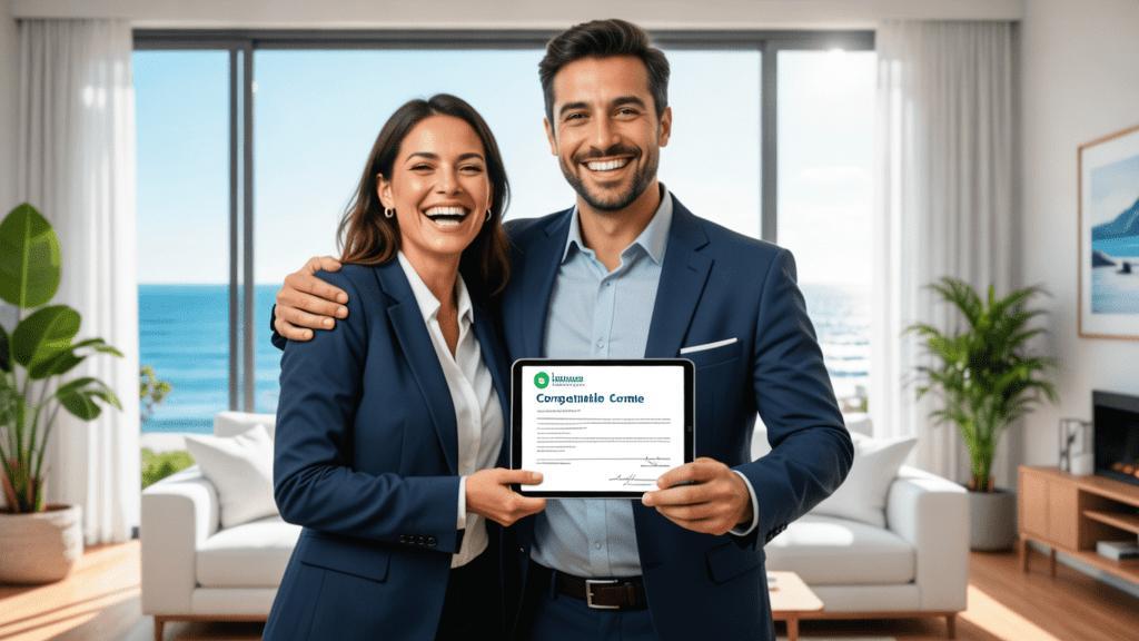 Cliente diverso e corretor de imóveis felizes em uma sala de estar moderna, vivendo a experiência de compra de imóvel.