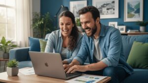 Casal diverso pesquisando imóveis em sala de estar com entusiasmo e determinação.
