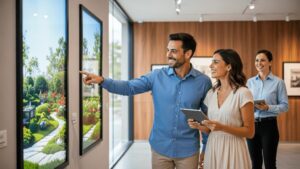 Casal diversificado revisando plantas de imóveis com corretor em ambiente litorâneo em São Pedro da Aldeia.