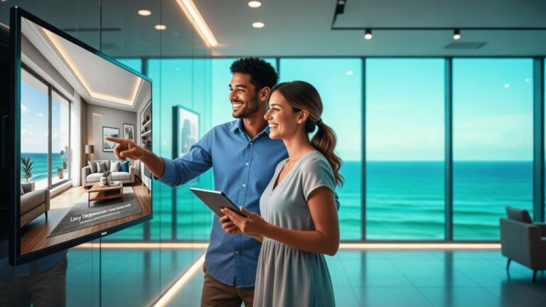 Casal multicultural discutindo sobre imóvel à venda em ambiente moderno com vista para o mar em São Pedro da Aldeia.