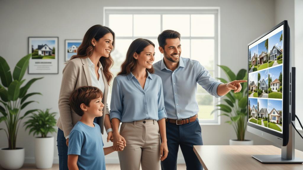 Família diversa discutindo plantas de casas com corretor em escritório moderno, ilustrando a compra de imóveis.