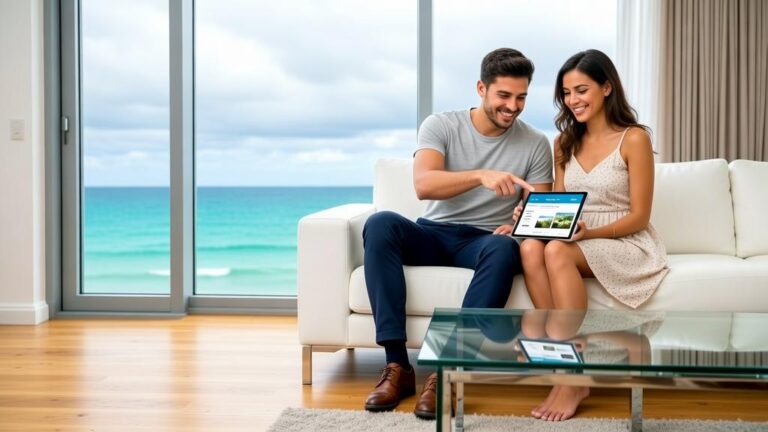 Casal jovem discutindo compra de imóvel em sala de estar moderna com vista para a praia em São Pedro da Aldeia.