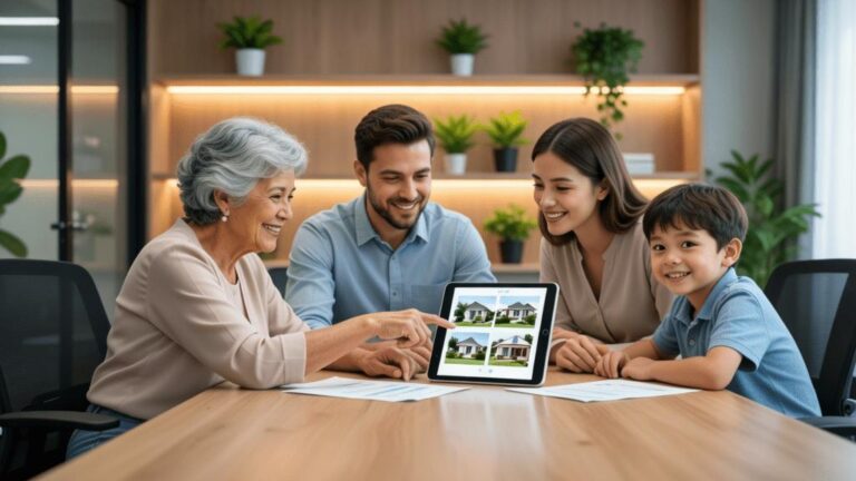 Família diversificada discutindo a compra de imóvel em um escritório imobiliário moderno.