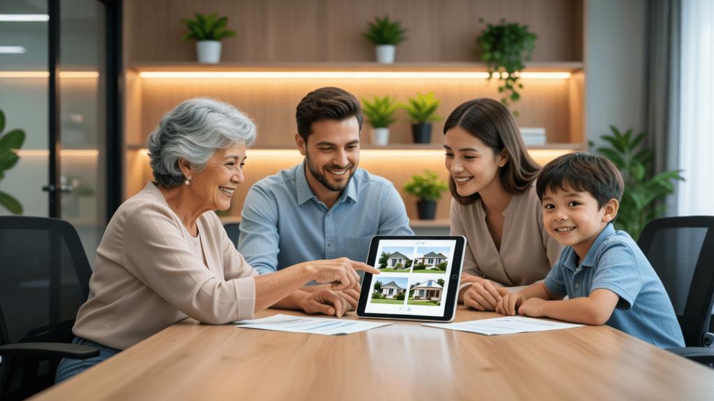 Família diversificada discutindo a compra de imóvel em um escritório imobiliário moderno.